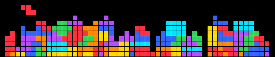 Tetris playing across the whole 53x11 panel, colored blocks stacking up from the bottom and a piece falling at the top left